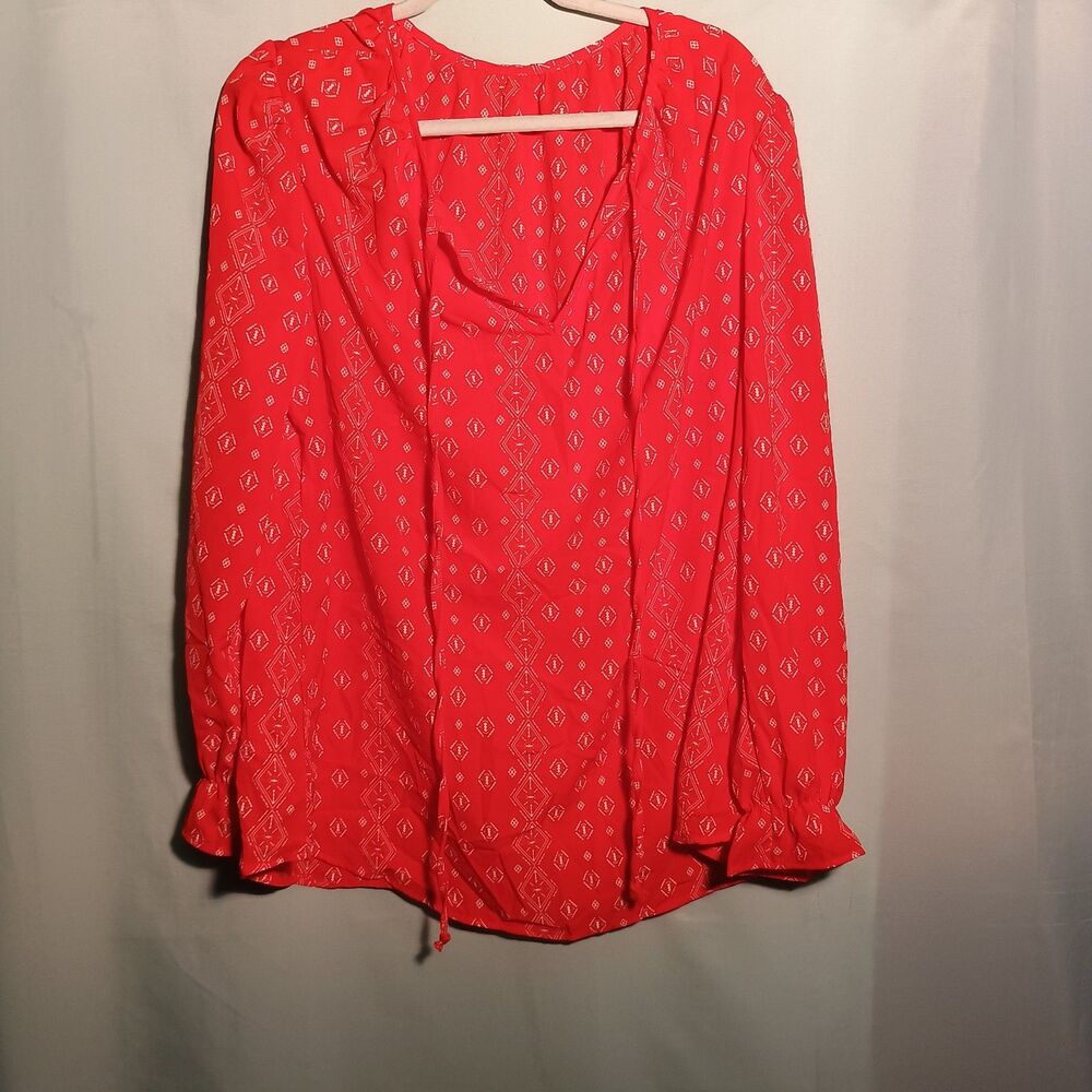 Women’s Red Boho Peasant Blouse – Long Sleeve – V-Neck – Size:2XL